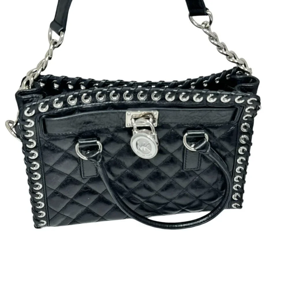 Michael Kors Hamilton Hippie Grommet Quilted Tote Black & Silver 12.5 x 9‎